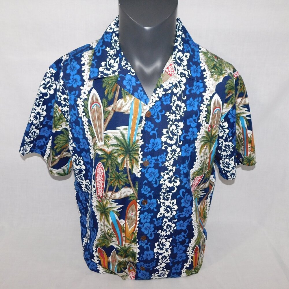 VTG Randy River R2 Hardcore Blue White Hibiscus Surfboards Hawaiian Shirt Mens M